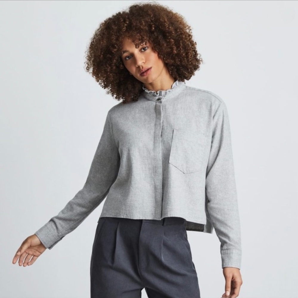 Everlane The Organic Cotton Ruffle Flannel Top, button down, gray X-Small